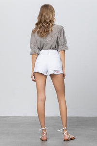 High Rise Distressed Fray Hem White Denim Shorts