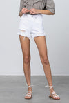 High Rise Distressed Fray Hem White Denim Shorts
