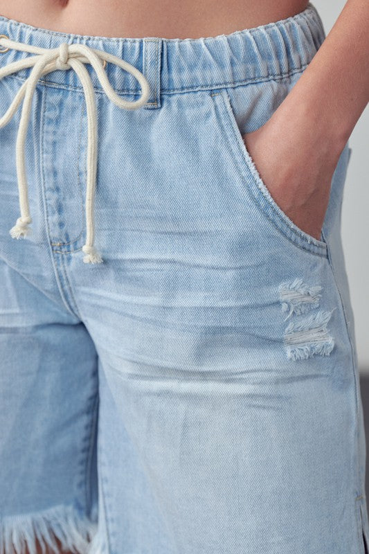 High Rise Drawstring Denim Shorts-Denim Shorts-Reef Love
