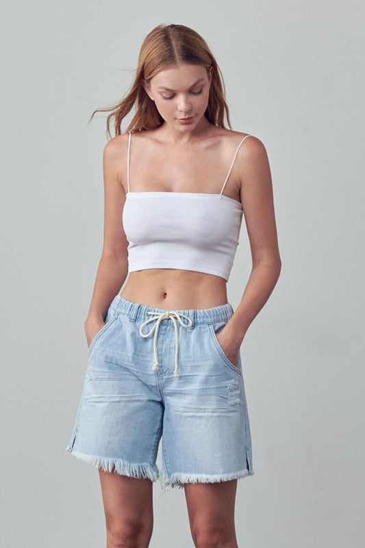 High Rise Drawstring Denim Shorts-Denim Shorts-Reef Love