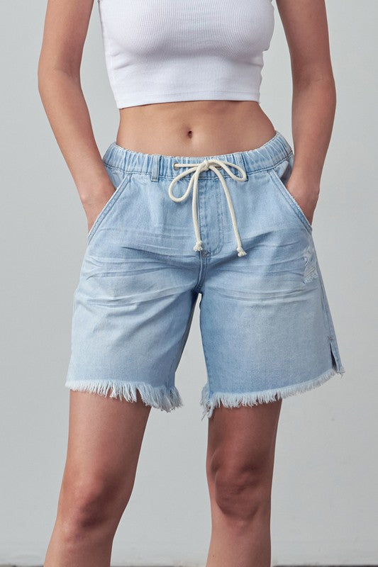 High Rise Drawstring Denim Shorts-Denim Shorts-Reef Love