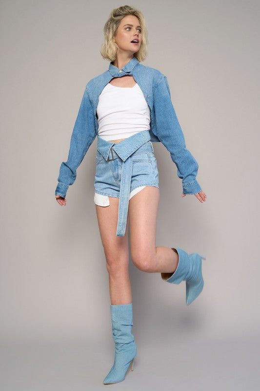 High Rise Flap Waist Belted Denim Shorts-High rise flap waist belted denim shorts in medium wash. 100% cotton non-stretch denim with statement belt detail. Super high-rise summer style.