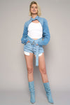 High Rise Flap Waist Belted Denim Shorts-High rise flap waist belted denim shorts in medium wash. 100% cotton non-stretch denim with statement belt detail. Super high-rise summer style.