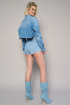 High Rise Flap Waist Belted Denim Shorts-High rise flap waist belted denim shorts in medium wash. 100% cotton non-stretch denim with statement belt detail. Super high-rise summer style.