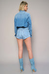 High Rise Flap Waist Belted Denim Shorts-High rise flap waist belted denim shorts in medium wash. 100% cotton non-stretch denim with statement belt detail. Super high-rise summer style.