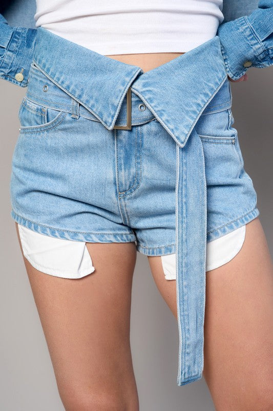 High Rise Flap Waist Belted Denim Shorts-High rise flap waist belted denim shorts in medium wash. 100% cotton non-stretch denim with statement belt detail. Super high-rise summer style.