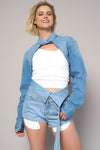 High Rise Flap Waist Belted Denim Shorts-High rise flap waist belted denim shorts in medium wash. 100% cotton non-stretch denim with statement belt detail. Super high-rise summer style.