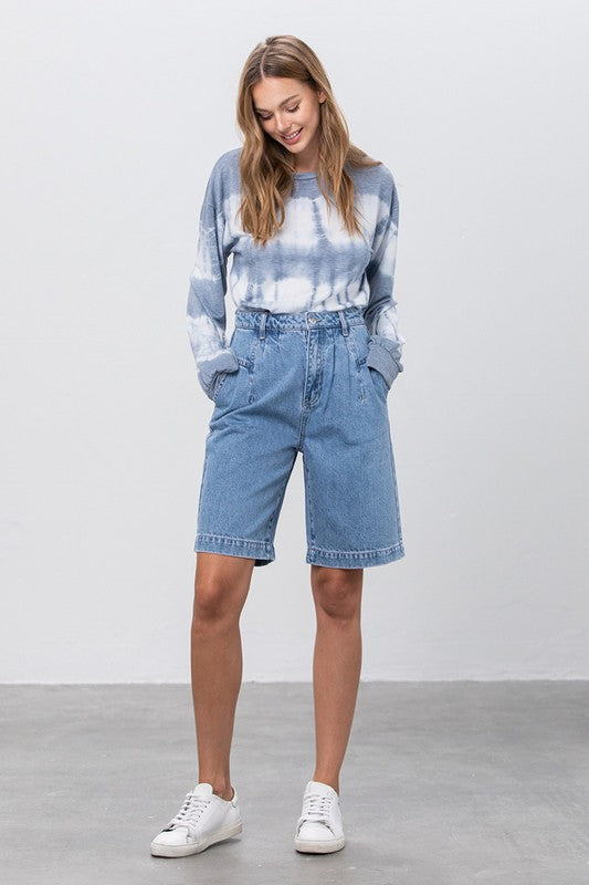 High Rise Pleated Mom Bermuda Shorts-Bermuda Jean Shorts-Insane Gene-Reef Love
