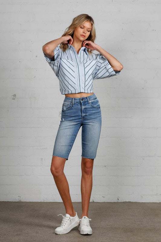 High Rise Slim Bermuda Denim Shorts-Bermuda Jean Shorts-Insane Gene-Reef Love