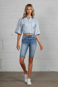High Rise Slim Bermuda Denim Shorts-Bermuda Jean Shorts-Insane Gene-DARK-L-Reef Love