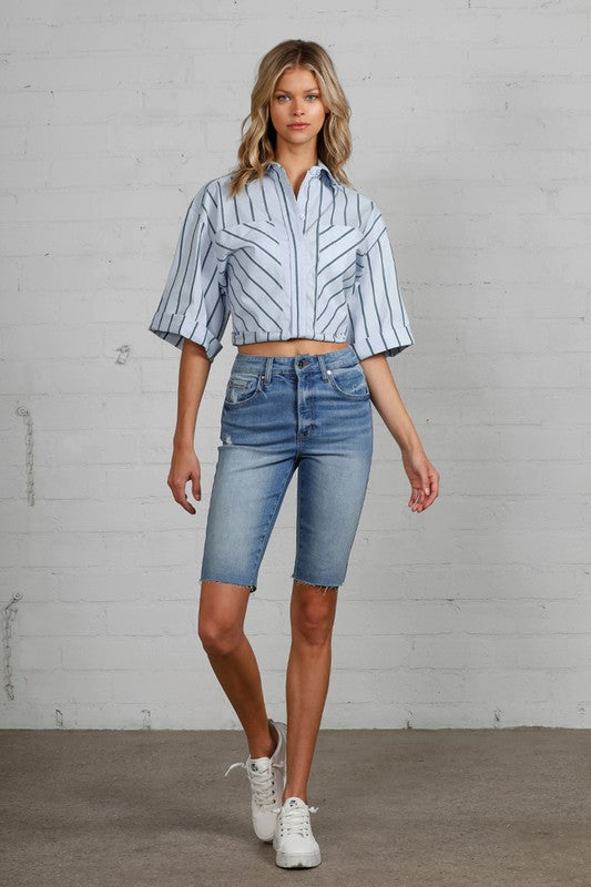 High Rise Slim Bermuda Denim Shorts-Bermuda Jean Shorts-Insane Gene-DARK-L-Reef Love