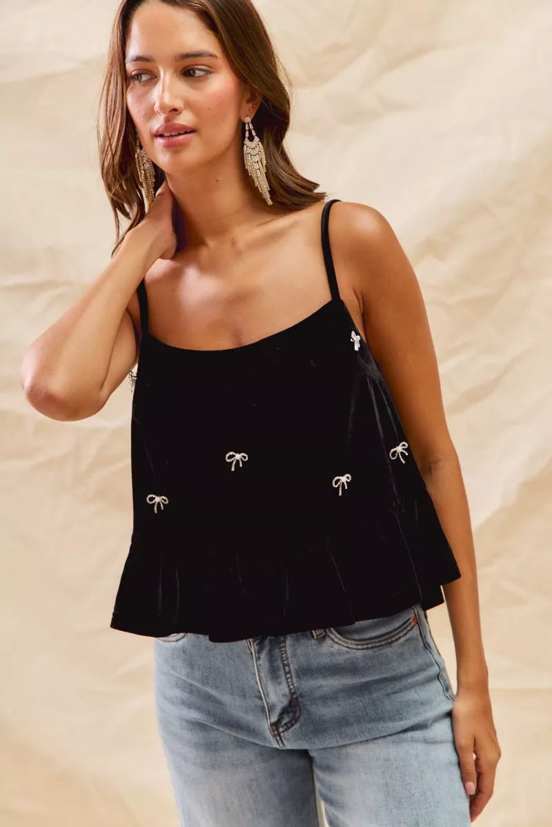 Holiday Velvet Ribbon Rhinestone Christmas Top