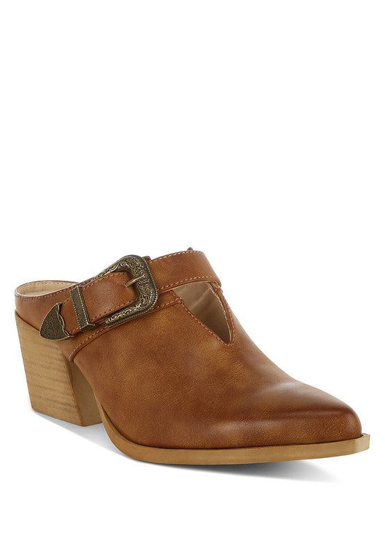 Holler Carved Buckle Statement Mules-Reef Love