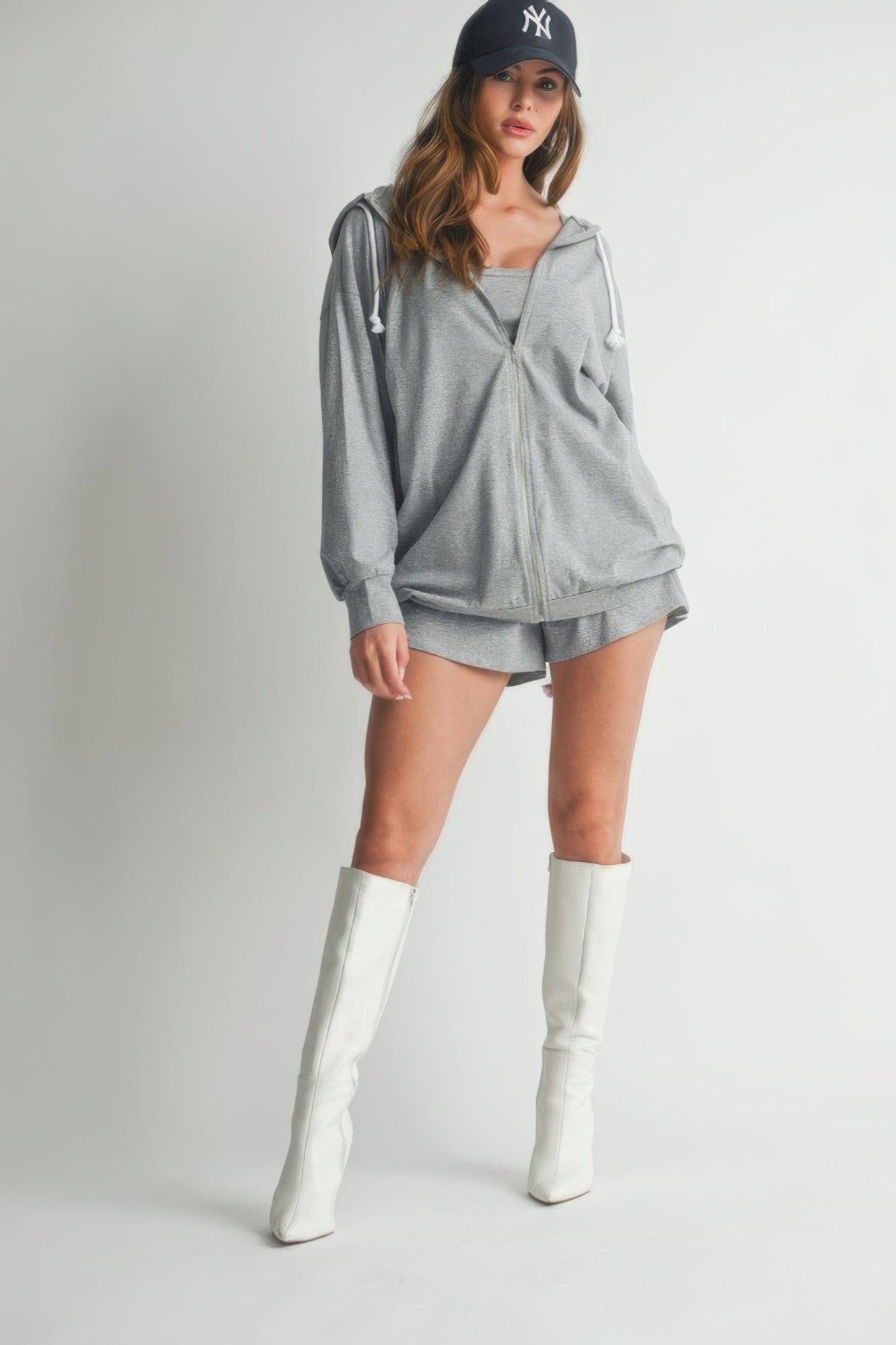 Hoodie, Shorts + Cami 3-Piece Set, Heather Grey