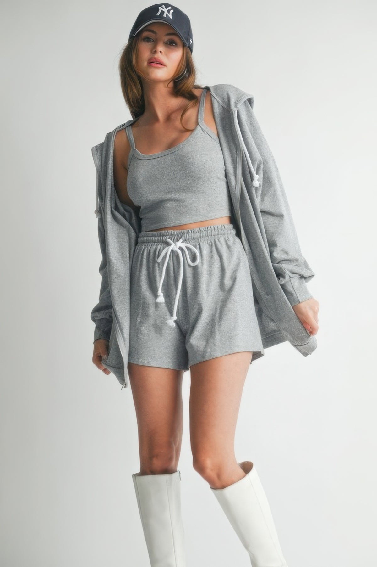 Hoodie, Shorts + Cami 3-Piece Set, Heather Grey