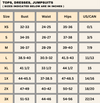 Size chart for tops, dresses, and jumpsuits with measurements in inches.