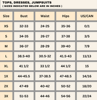 Size chart for tops, dresses, and jumpsuits with measurements in inches.