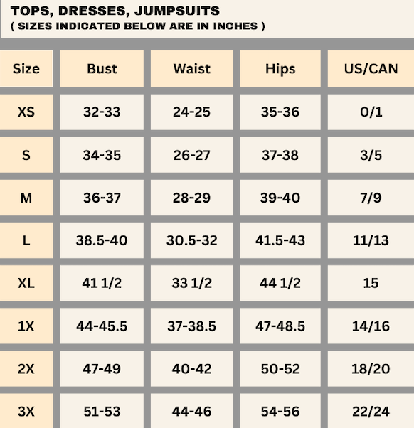 Size chart for tops, dresses, and jumpsuits with measurements in inches.