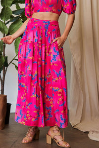 Hot Pink Smocking Waistband Ruffled Maxi Skirt-Hot pink floral maxi skirt with pockets, A-line silhouette, and elastic waist. Lightweight and bold — perfect for summer, brunch, or vacation style.-Reef Love Boho-Chic Boutique