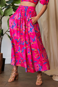 Hot Pink Smocking Waistband Ruffled Maxi Skirt-Hot pink floral maxi skirt with pockets, A-line silhouette, and elastic waist. Lightweight and bold — perfect for summer, brunch, or vacation style.-Reef Love Boho-Chic Boutique