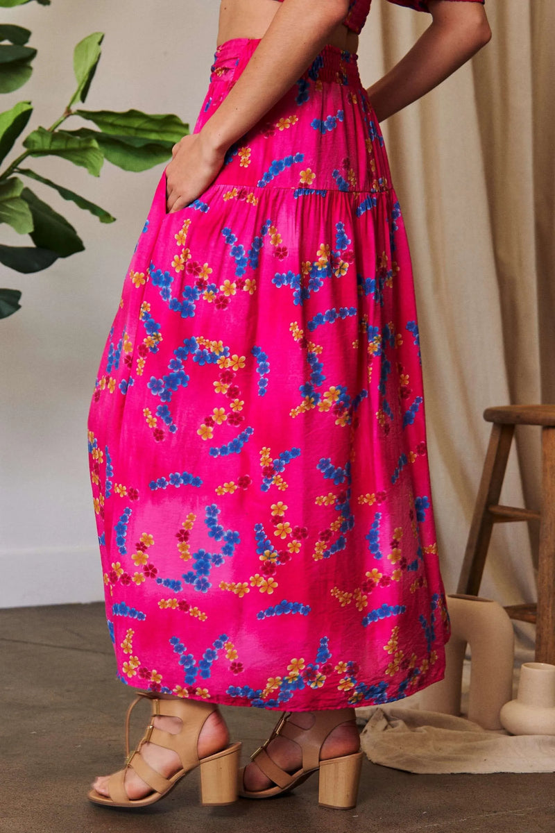 Hot Pink Smocking Waistband Ruffled Maxi Skirt-Hot pink floral maxi skirt with pockets, A-line silhouette, and elastic waist. Lightweight and bold — perfect for summer, brunch, or vacation style.-Reef Love Boho-Chic Boutique