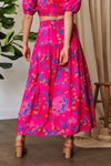 Hot Pink Smocking Waistband Ruffled Maxi Skirt-Hot pink floral maxi skirt with pockets, A-line silhouette, and elastic waist. Lightweight and bold — perfect for summer, brunch, or vacation style.-Reef Love Boho-Chic Boutique