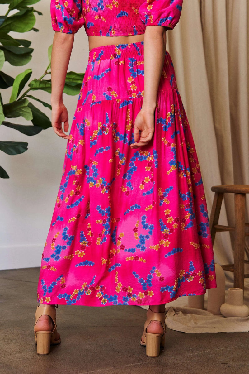 Hot Pink Smocking Waistband Ruffled Maxi Skirt-Hot pink floral maxi skirt with pockets, A-line silhouette, and elastic waist. Lightweight and bold — perfect for summer, brunch, or vacation style.-Reef Love Boho-Chic Boutique
