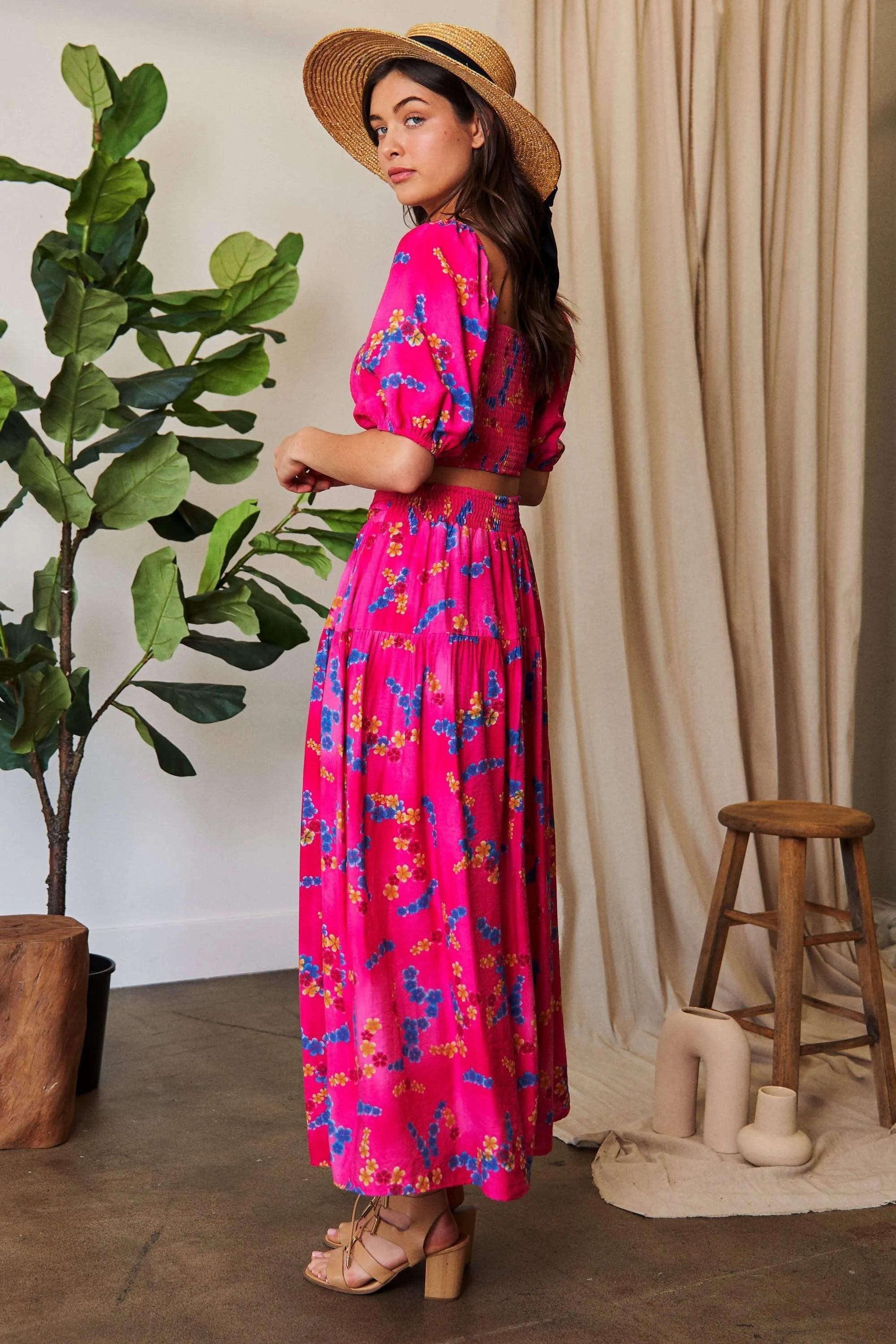 Hot Pink Smocking Waistband Ruffled Maxi Skirt-Hot pink floral maxi skirt with pockets, A-line silhouette, and elastic waist. Lightweight and bold — perfect for summer, brunch, or vacation style.-Reef Love Boho-Chic Boutique