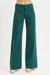 Hunter Green Tummy Control Mid Rise Wide Leg Front Seam Jeans