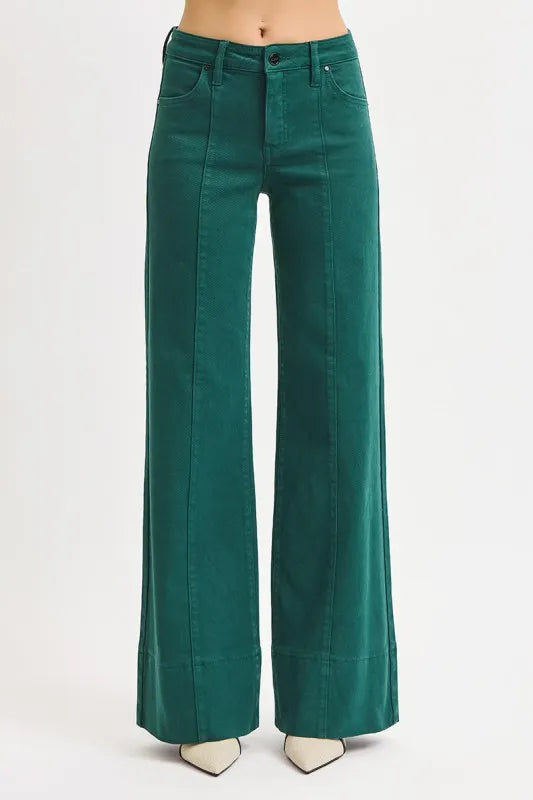 Hunter Green Tummy Control Mid Rise Wide Leg Front Seam Jeans