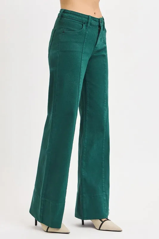 Hunter Green Tummy Control Mid Rise Wide Leg Front Seam Jeans