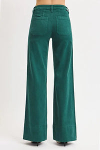 Hunter Green Tummy Control Mid Rise Wide Leg Front Seam Jeans