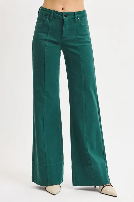 Hunter Green Tummy Control Mid Rise Wide Leg Front Seam Jeans