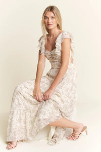 Ivory Ruffle Sleeve Tiered Maxi Dress-Effortlessly romantic and undeniably elegant, this tiered maxi dress is made for sun-drenched days and dreamy evenings. Featuring a delicate floral print-Reef Love Boho-Chic Boutique