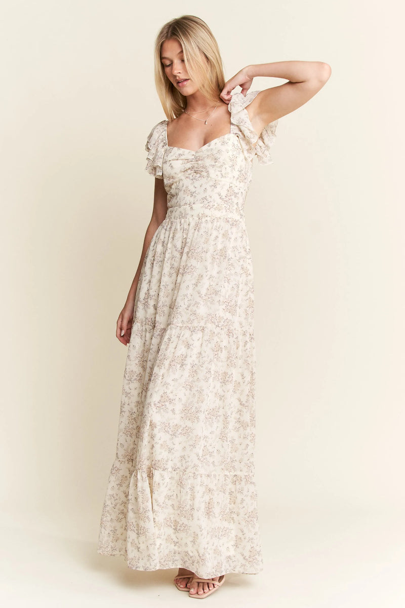 Ivory Ruffle Sleeve Tiered Maxi Dress-Effortlessly romantic and undeniably elegant, this tiered maxi dress is made for sun-drenched days and dreamy evenings. Featuring a delicate floral print-Reef Love Boho-Chic Boutique