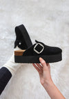 Shop JASMINE Slip-On Platform Clogs-Women's slip-on platform clogs with Cushionaire cork insole & adjustable buckle. Backless design & 2.6” heel for retro-inspired comfort & casual summer style.-available at Reef Love online boho-chic boutique