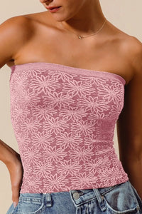 Shop Jacquard Floral Seamless Tube Top-Pink floral jacquard seamless tube top with soft stretch. Stylish two-tone detail, perfect for layering or wearing solo. Feminine, flattering, and comfy all day.-available at Reef Love online boho-chic boutique