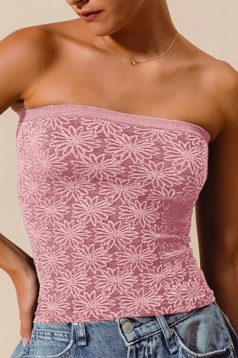 Shop Jacquard Floral Seamless Tube Top-Pink floral jacquard seamless tube top with soft stretch. Stylish two-tone detail, perfect for layering or wearing solo. Feminine, flattering, and comfy all day.-available at Reef Love online boho-chic boutique