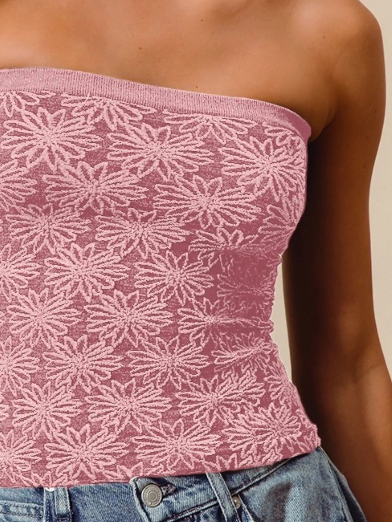 Shop Jacquard Floral Seamless Tube Top-Pink floral jacquard seamless tube top with soft stretch. Stylish two-tone detail, perfect for layering or wearing solo. Feminine, flattering, and comfy all day.-available at Reef Love online boho-chic boutique