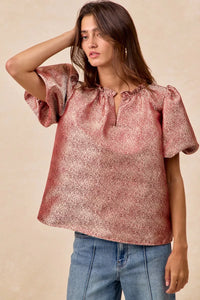 Jacquard Woven Short Balloon Sleeves Blouse