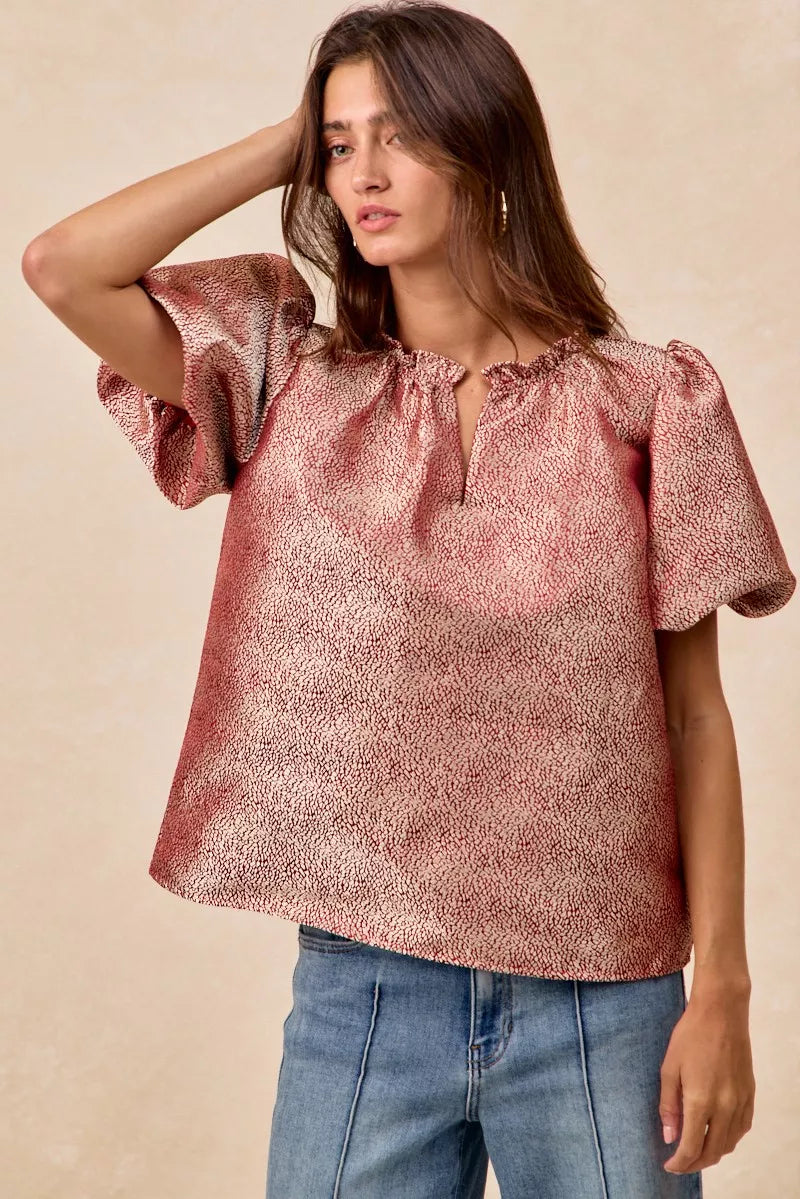 Jacquard Woven Short Balloon Sleeves Blouse