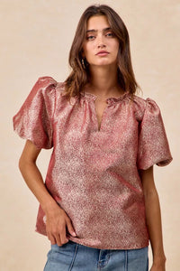 Jacquard Woven Short Balloon Sleeves Blouse