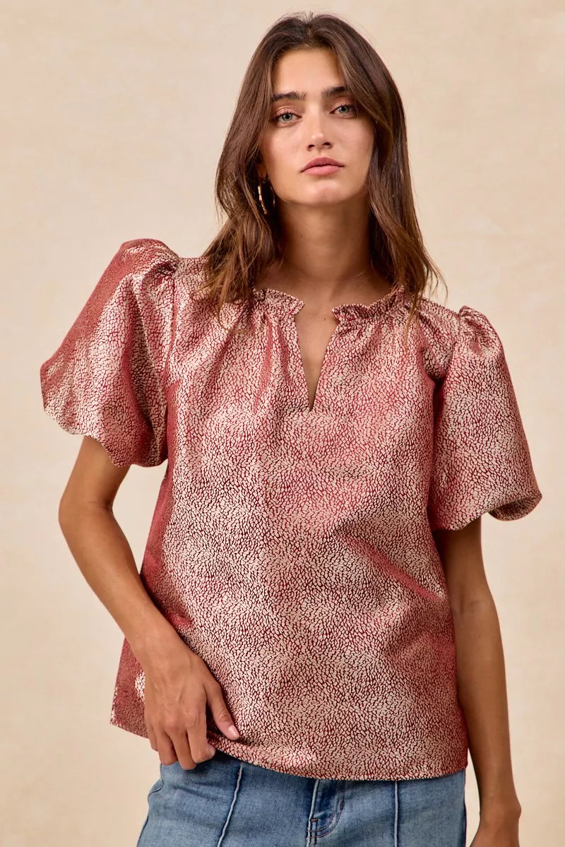 Jacquard Woven Short Balloon Sleeves Blouse
