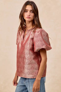 Jacquard Woven Short Balloon Sleeves Blouse