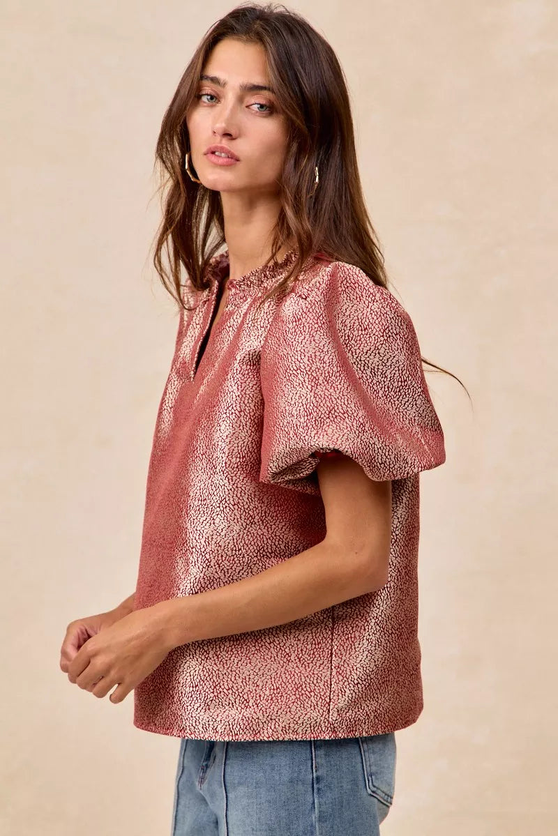 Jacquard Woven Short Balloon Sleeves Blouse
