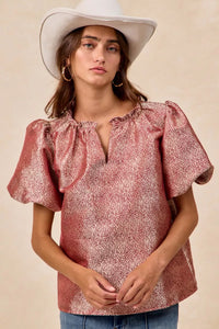 Jacquard Woven Short Balloon Sleeves Blouse