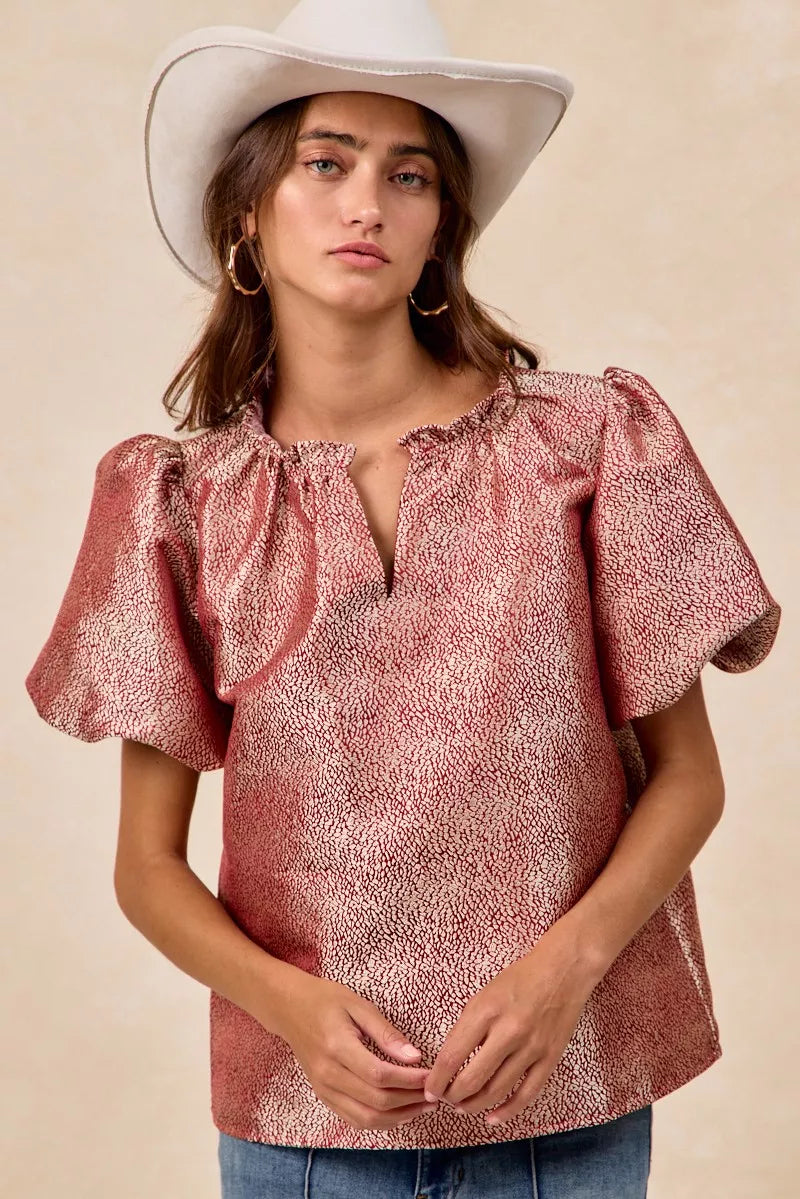 Jacquard Woven Short Balloon Sleeves Blouse