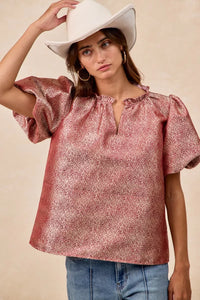 Jacquard Woven Short Balloon Sleeves Blouse