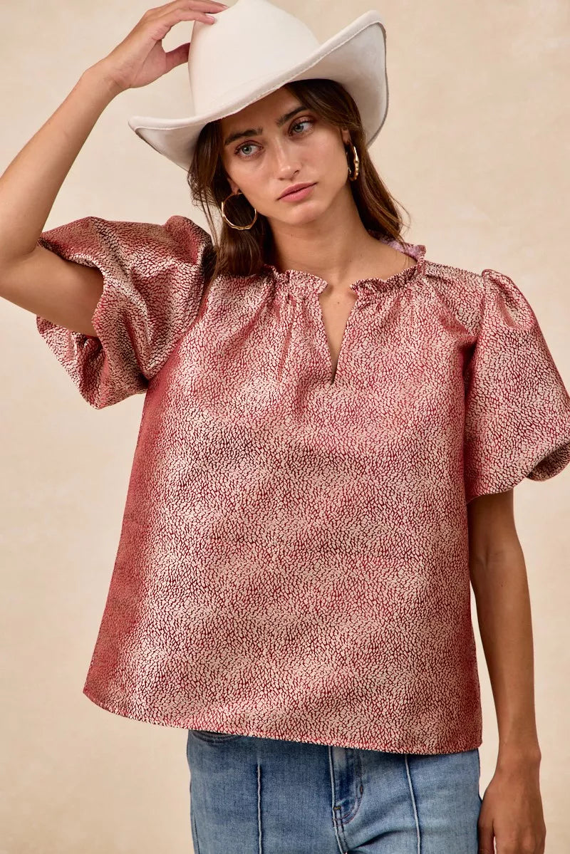 Jacquard Woven Short Balloon Sleeves Blouse