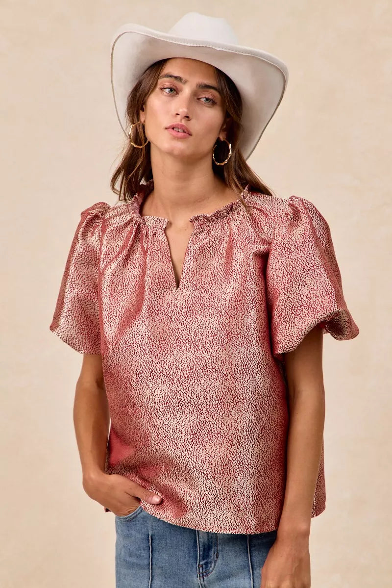 Jacquard Woven Short Balloon Sleeves Blouse
